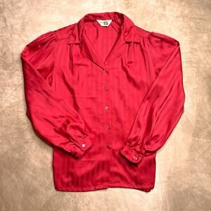 Vintage 70s Red Satin Striped Puffy Sleeve Button Up Shirt Blouse Retro Disco